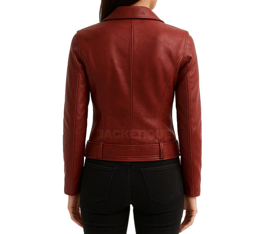 Women's Red Leather Biker Jacket Handmade |