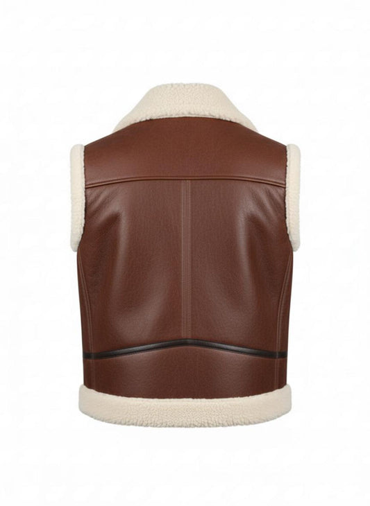 Men's Shearling Lined Leather Vest: Brown Aviator Bomber Style