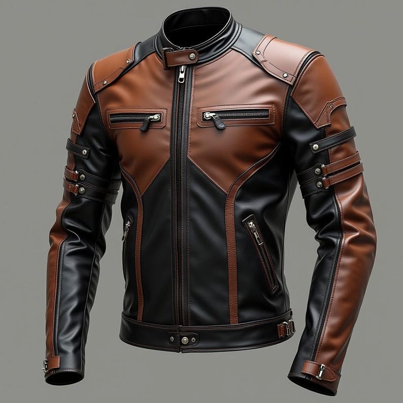 Handmade Dual-Tone Leather Biker Jacket: Brown & Black Moto Coat