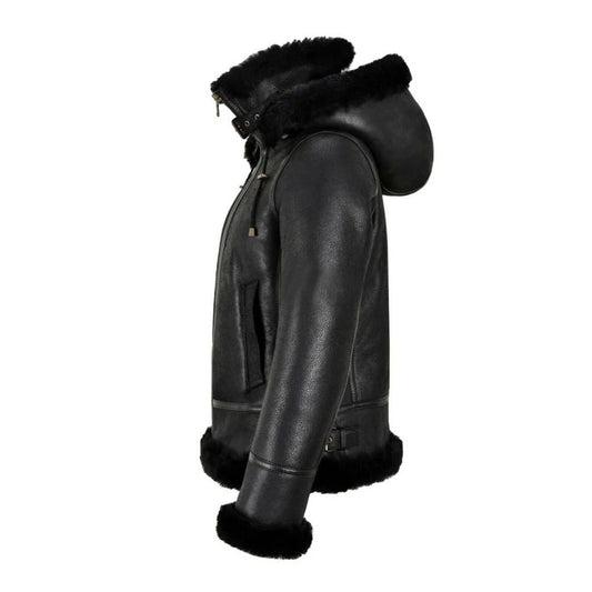 Women's Hooded Shearling Jacket Black - B3 Bomber Style fully Lined