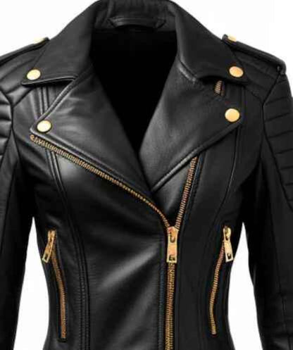 Women’s Black Leather Biker Moto Jacket, Handmade Moto Slim Fit Motorcycle Coat For Her