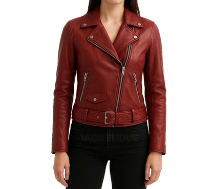 Women's Red Leather Biker Jacket Handmade |