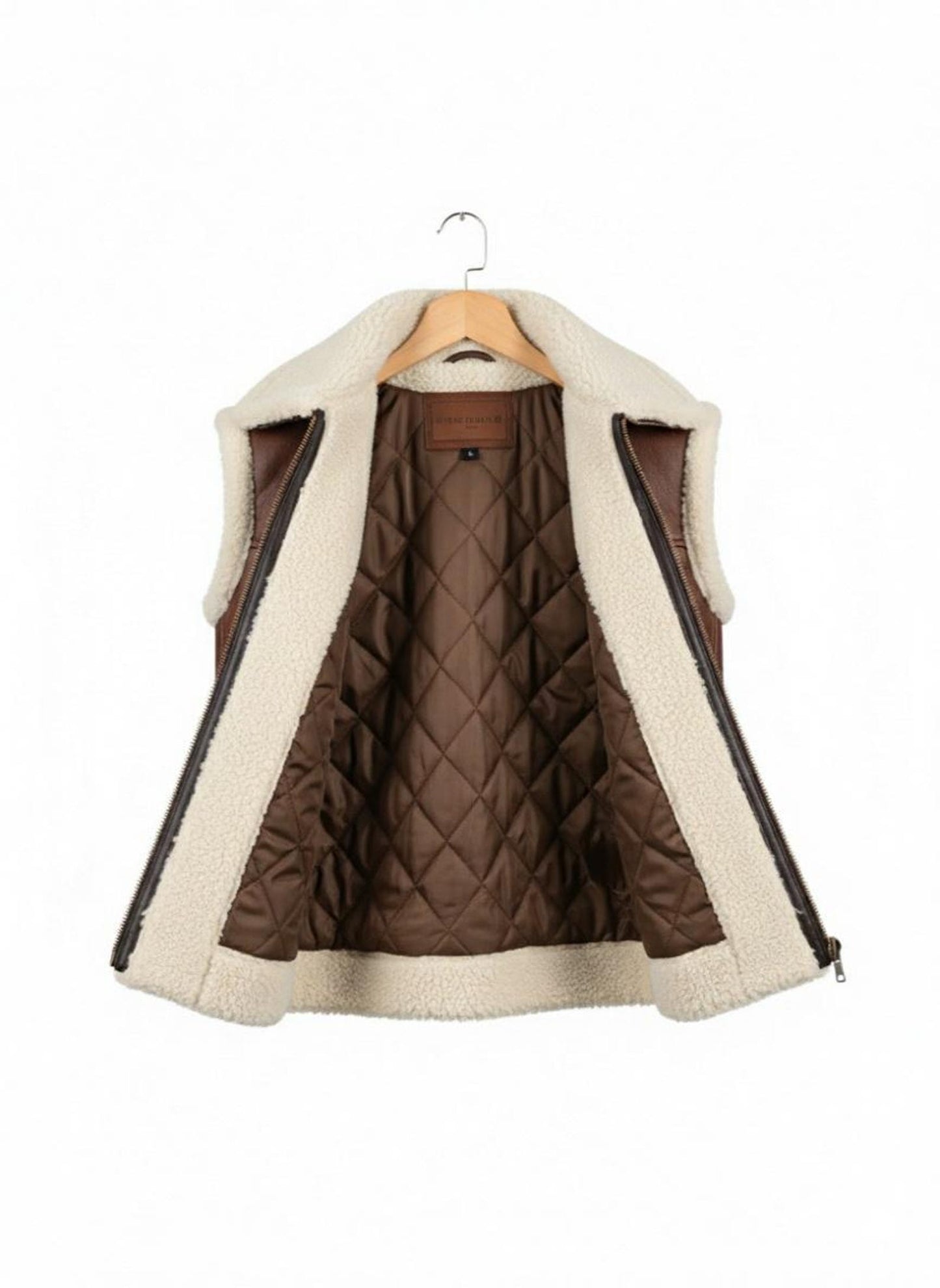 Men's Shearling Lined Leather Vest: Brown Aviator Bomber Style