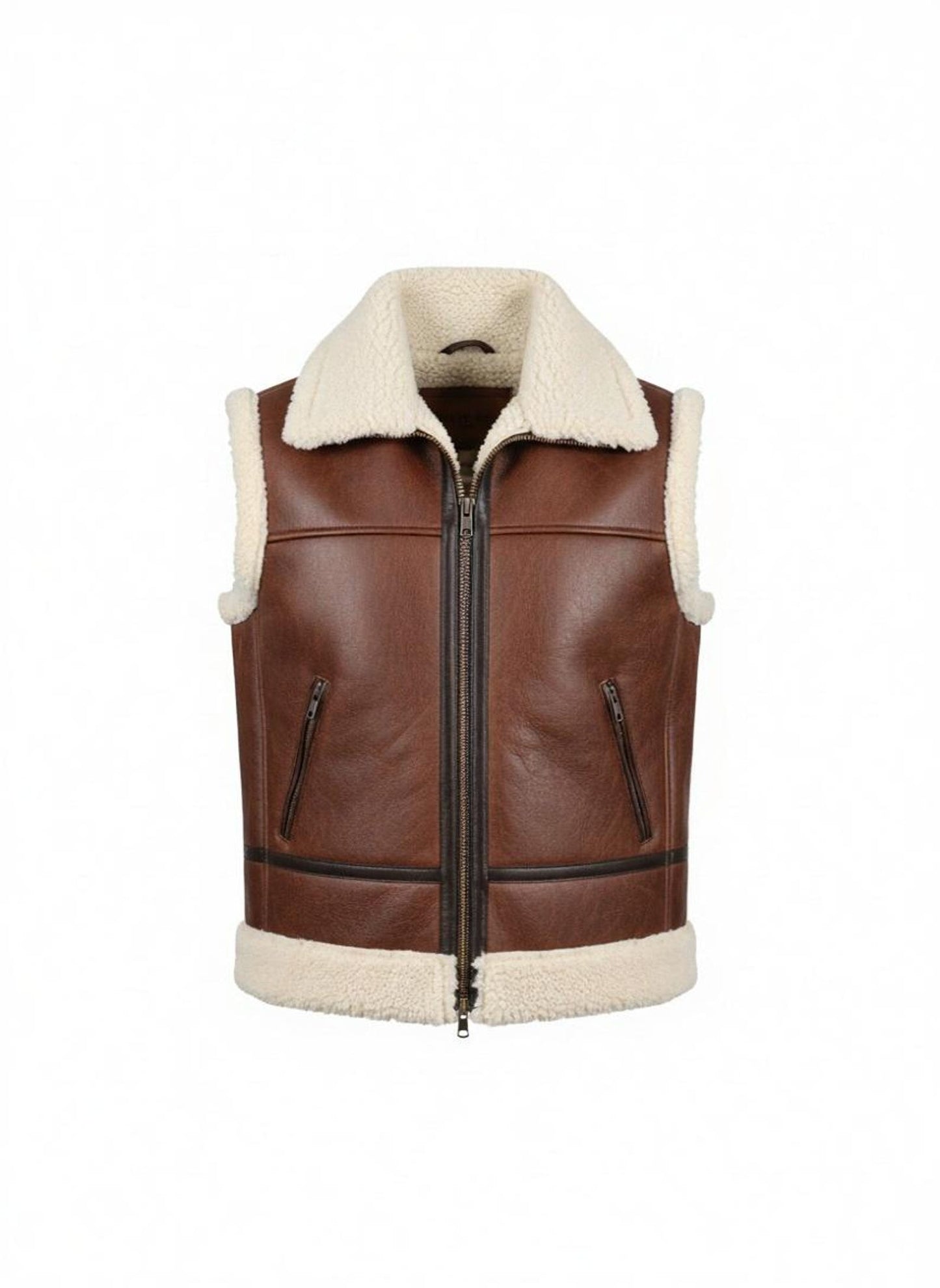 Men's Shearling Lined Leather Vest: Brown Aviator Bomber Style