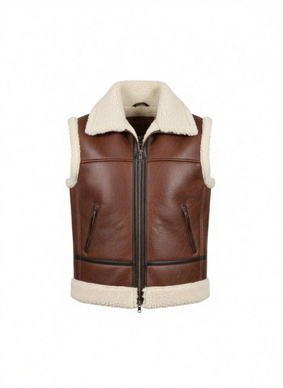 Men's Shearling Lined Leather Vest: Brown Aviator Bomber Style