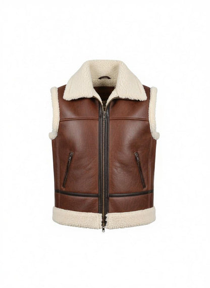Men's Shearling Lined Leather Vest: Brown Aviator Bomber Style