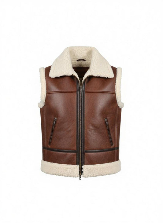Men's Shearling Lined Leather Vest: Brown Aviator Bomber Style
