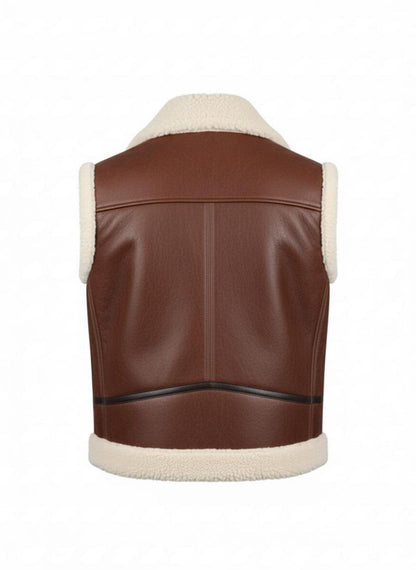 Men's Shearling Lined Leather Vest: Brown Aviator Bomber Style