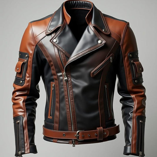 Handmade Dual-Tone Leather Biker Jacket: Brown & Black Moto Coat