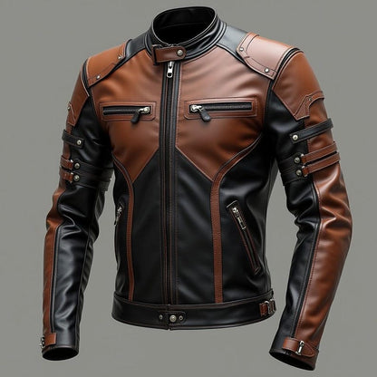 Handmade Dual-Tone Leather Biker Jacket: Brown & Black Moto Coat