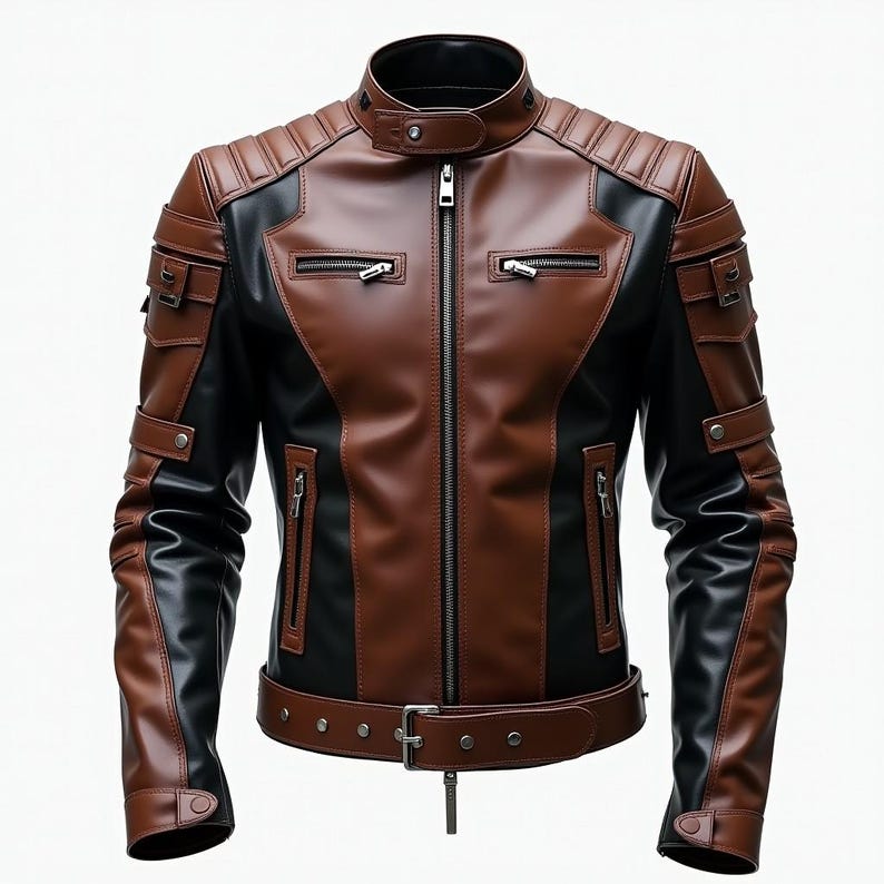 Handmade Dual-Tone Leather Biker Jacket: Brown & Black Moto Coat