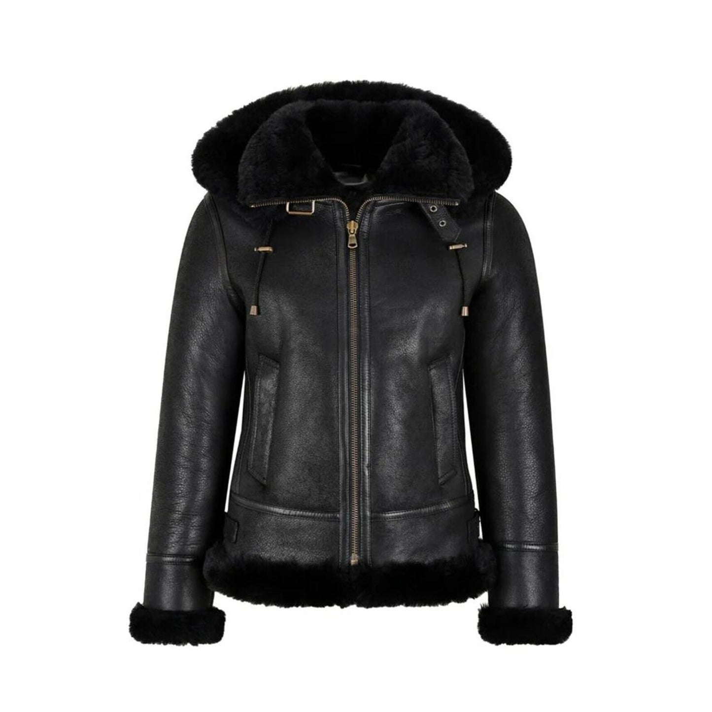 Women's Hooded Shearling Jacket Black - B3 Bomber Style fully Lined