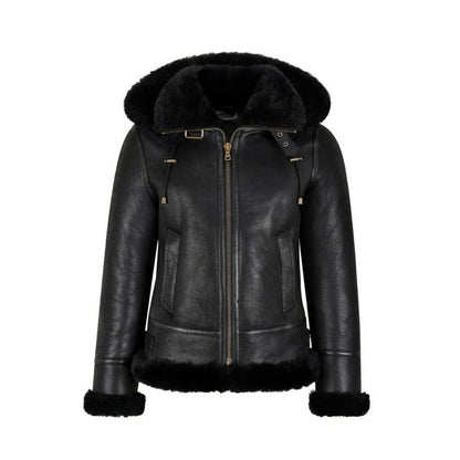 Women's Hooded Shearling Jacket Black - B3 Bomber Style fully Lined
