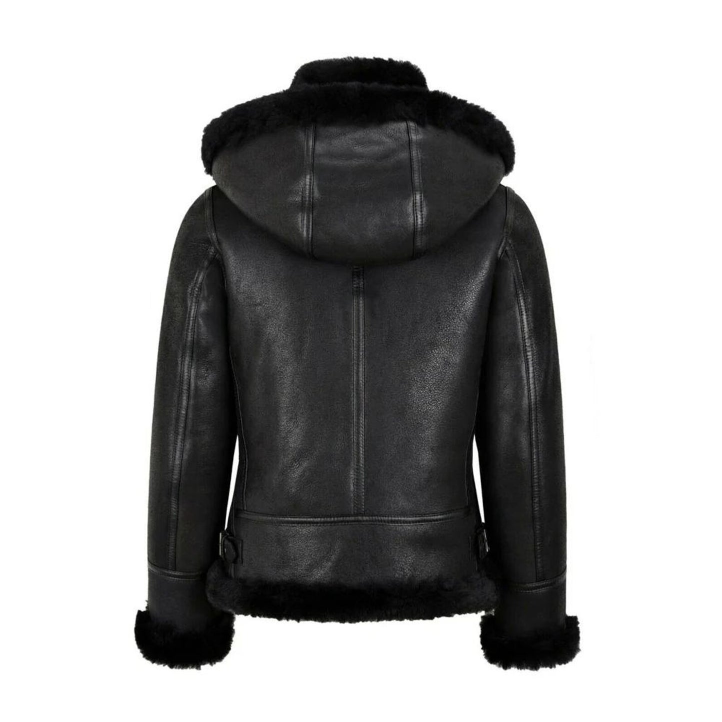 Women's Hooded Shearling Jacket Black - B3 Bomber Style fully Lined