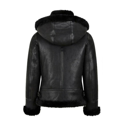 Women's Hooded Shearling Jacket Black - B3 Bomber Style fully Lined